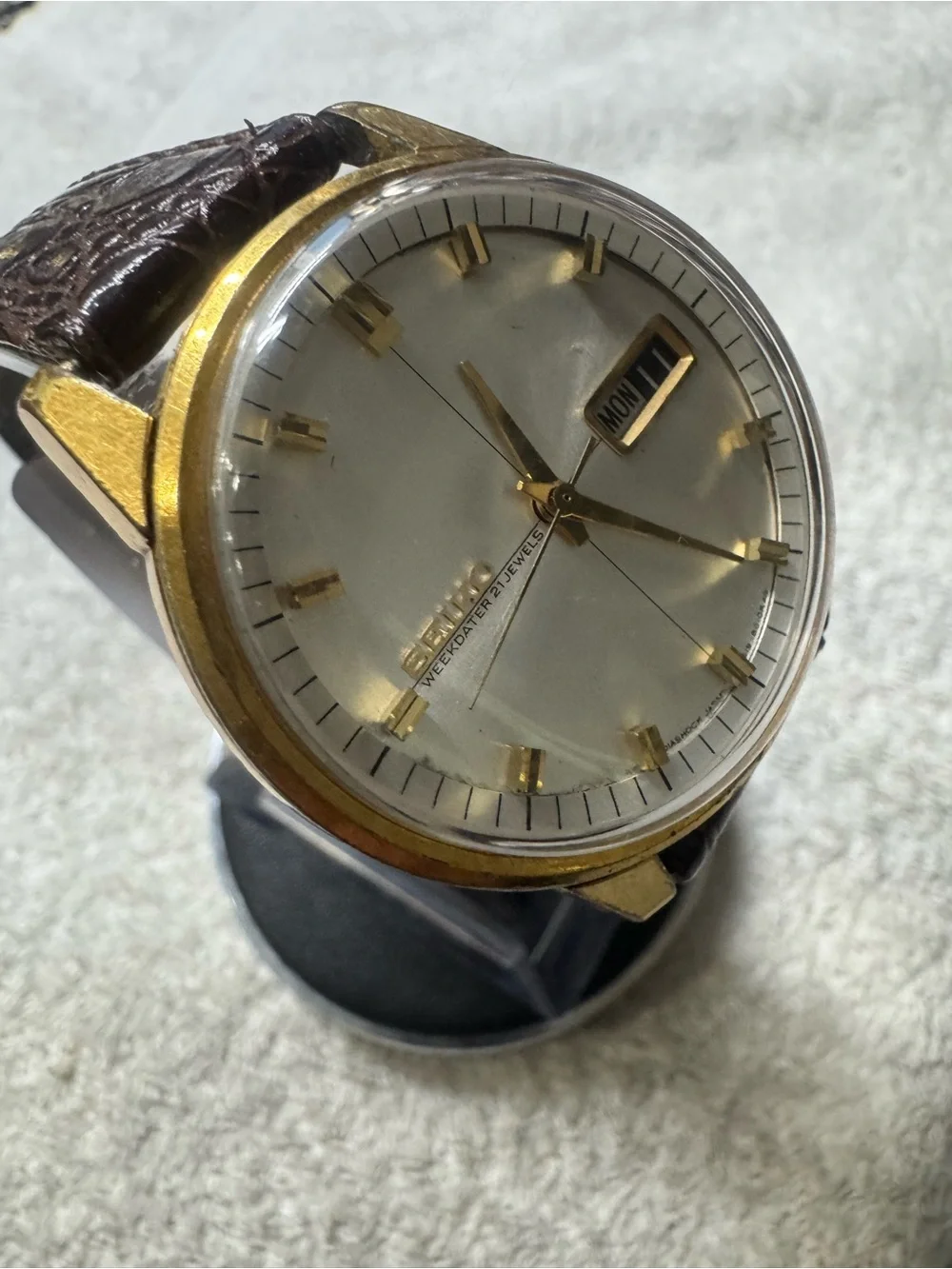 Seiko Gold Tone Weekdater Wristwatch - Silver Dial, Brown Strap